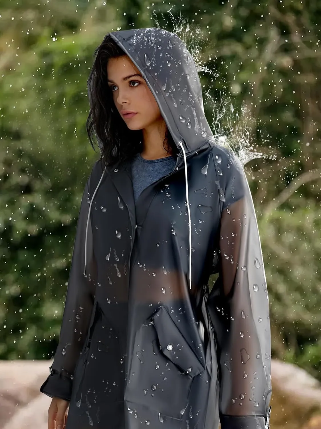 TPU Clear Rain Coat for Women - Waterproof Packable Fashion Rain Poncho with Hood Reusable Raincoat