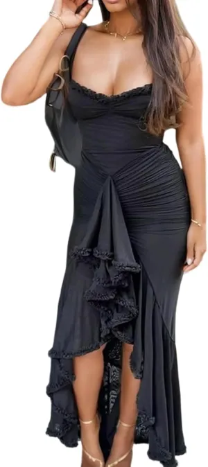 Voghtic Women's Sexy Ruched Mesh Ruffle Hem Bodycon Wedding Guest Dress Spaghetti Strap Slit Party Cocktail Maxi Dresses