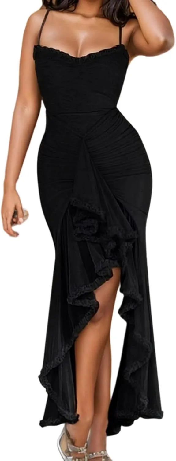 Voghtic Women's Sexy Ruched Mesh Ruffle Hem Bodycon Wedding Guest Dress Spaghetti Strap Slit Party Cocktail Maxi Dresses