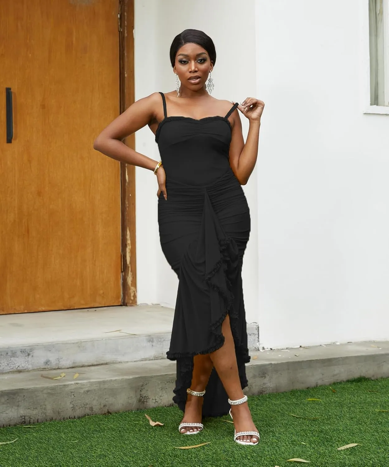 Voghtic Women's Sexy Ruched Mesh Ruffle Hem Bodycon Wedding Guest Dress Spaghetti Strap Slit Party Cocktail Maxi Dresses