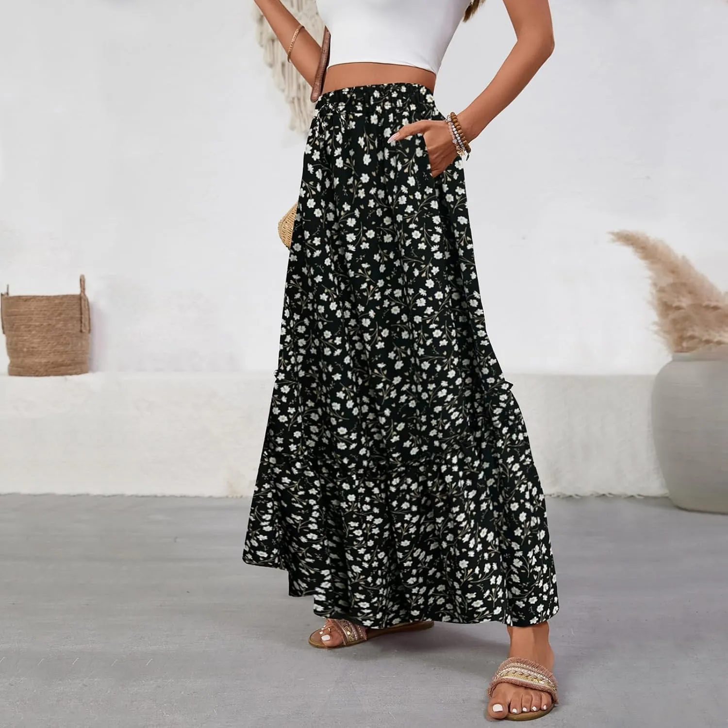 Women Boho Floral Maxi Skirts Casual Summer Flowy Elastic High Waisted A Line Beach Long Skirt with Side Pockets
