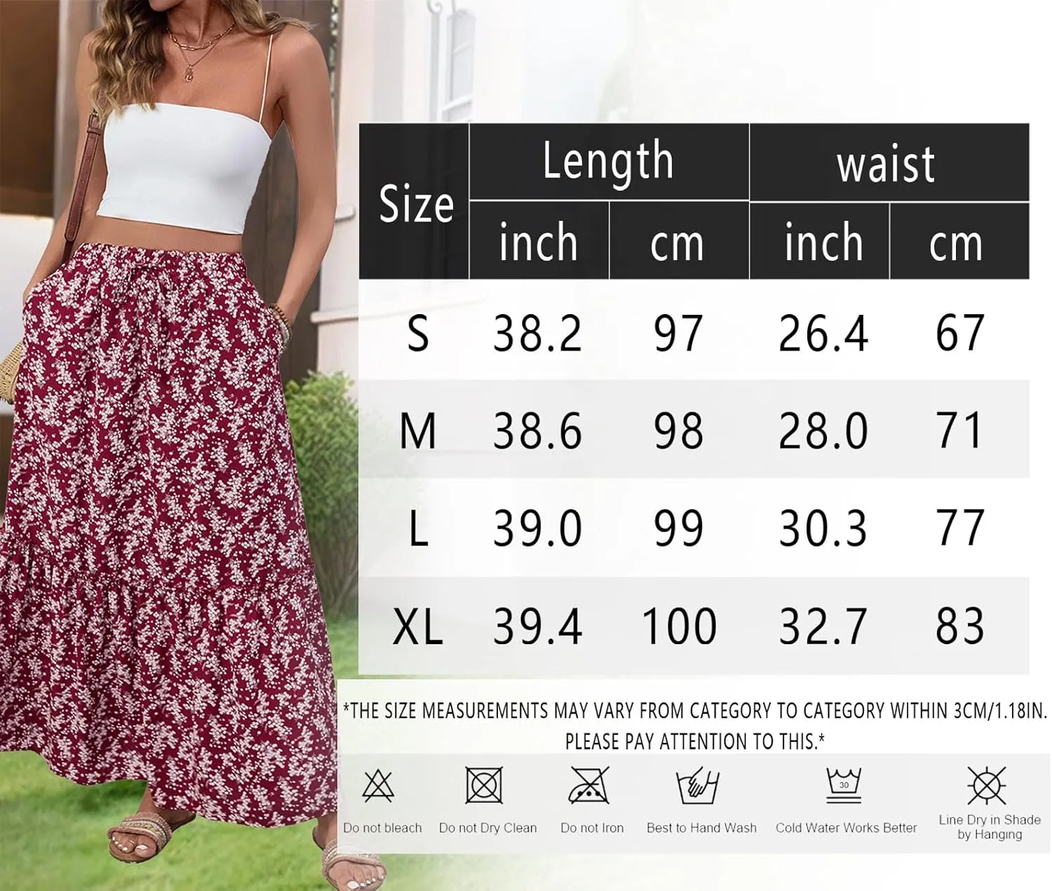 Women Boho Floral Maxi Skirts Casual Summer Flowy Elastic High Waisted A Line Beach Long Skirt with Side Pockets