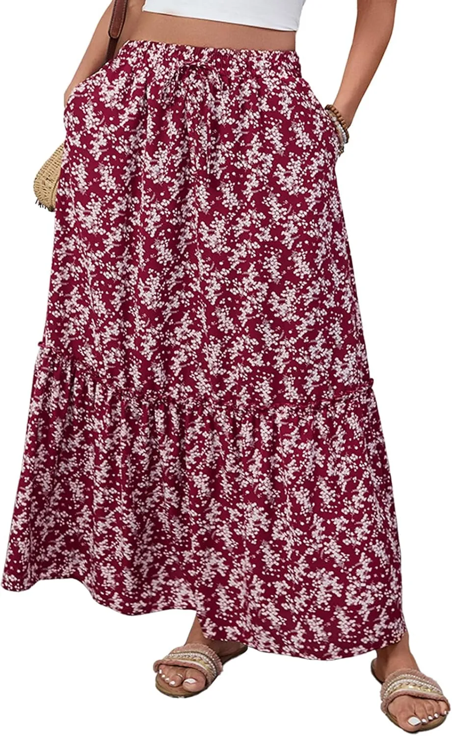 Women Boho Floral Maxi Skirts Casual Summer Flowy Elastic High Waisted A Line Beach Long Skirt with Side Pockets