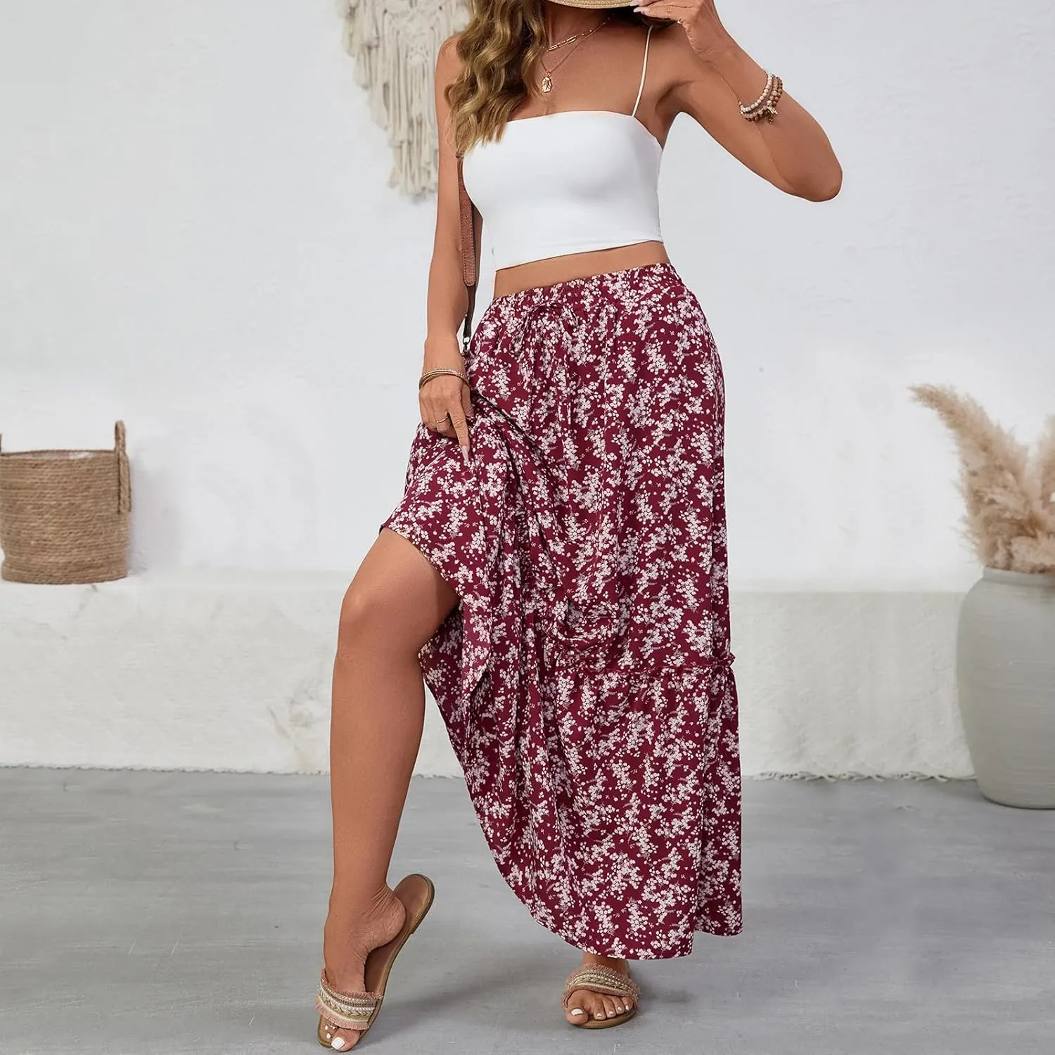 Women Boho Floral Maxi Skirts Casual Summer Flowy Elastic High Waisted A Line Beach Long Skirt with Side Pockets