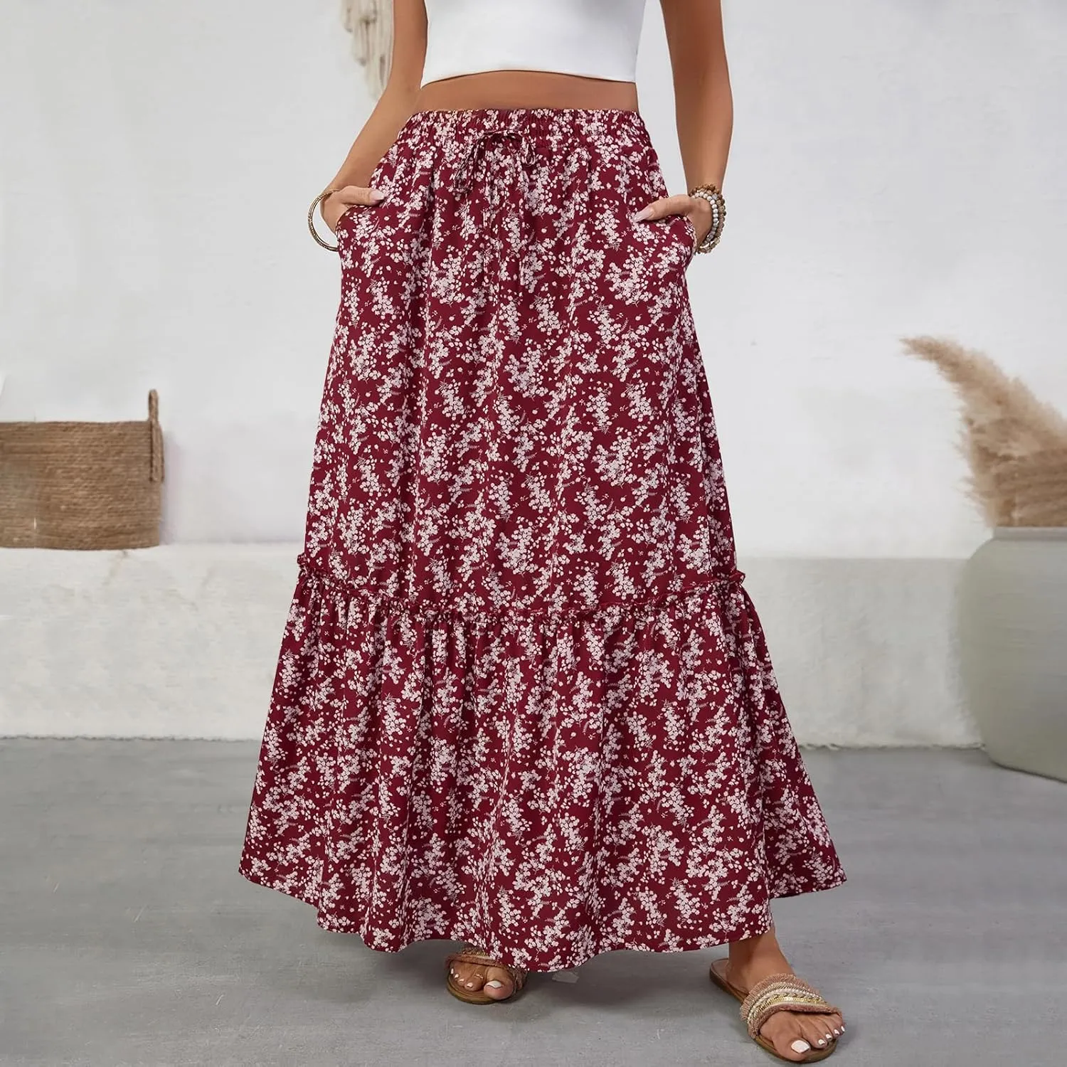 Women Boho Floral Maxi Skirts Casual Summer Flowy Elastic High Waisted A Line Beach Long Skirt with Side Pockets