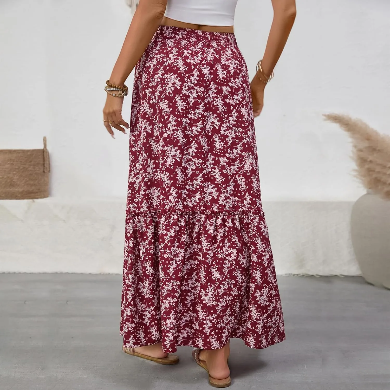 Women Boho Floral Maxi Skirts Casual Summer Flowy Elastic High Waisted A Line Beach Long Skirt with Side Pockets