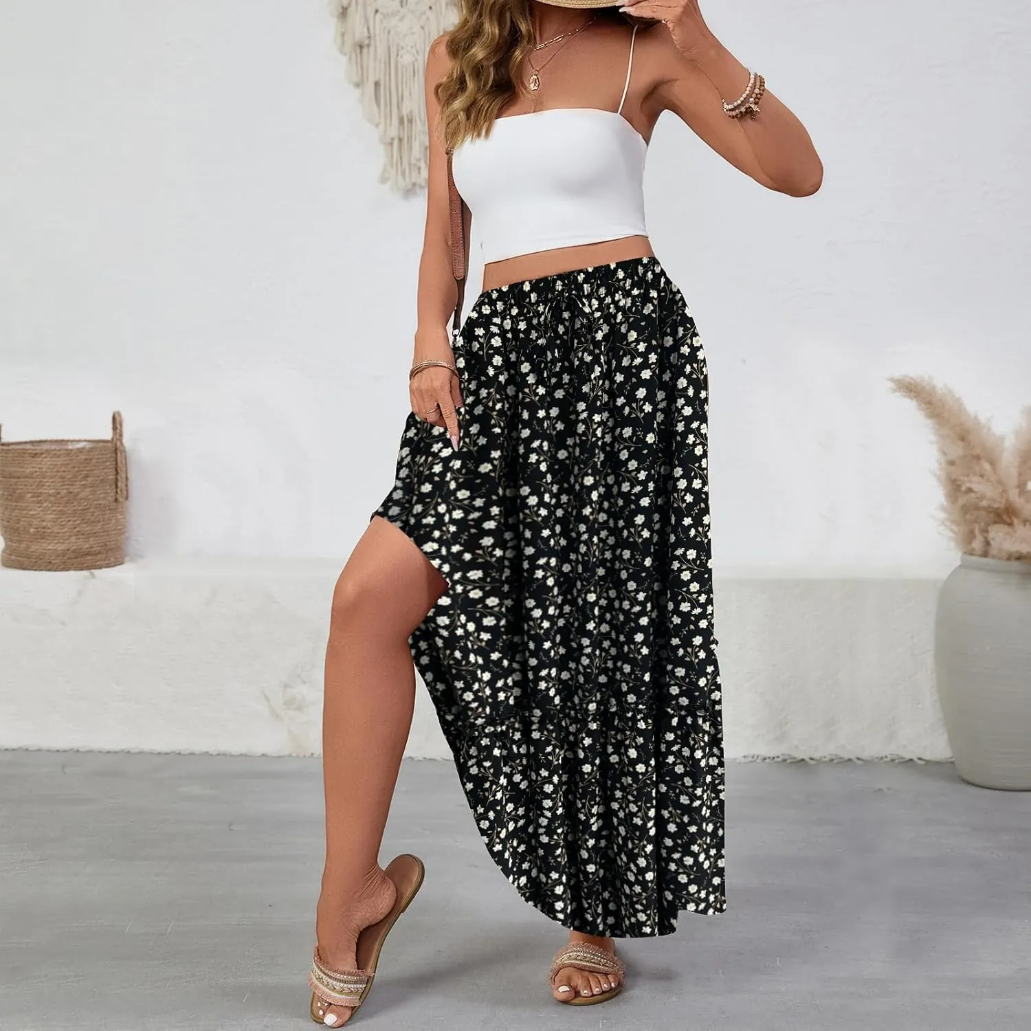 Women Boho Floral Maxi Skirts Casual Summer Flowy Elastic High Waisted A Line Beach Long Skirt with Side Pockets