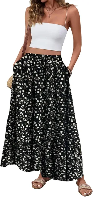 Women Boho Floral Maxi Skirts Casual Summer Flowy Elastic High Waisted A Line Beach Long Skirt with Side Pockets