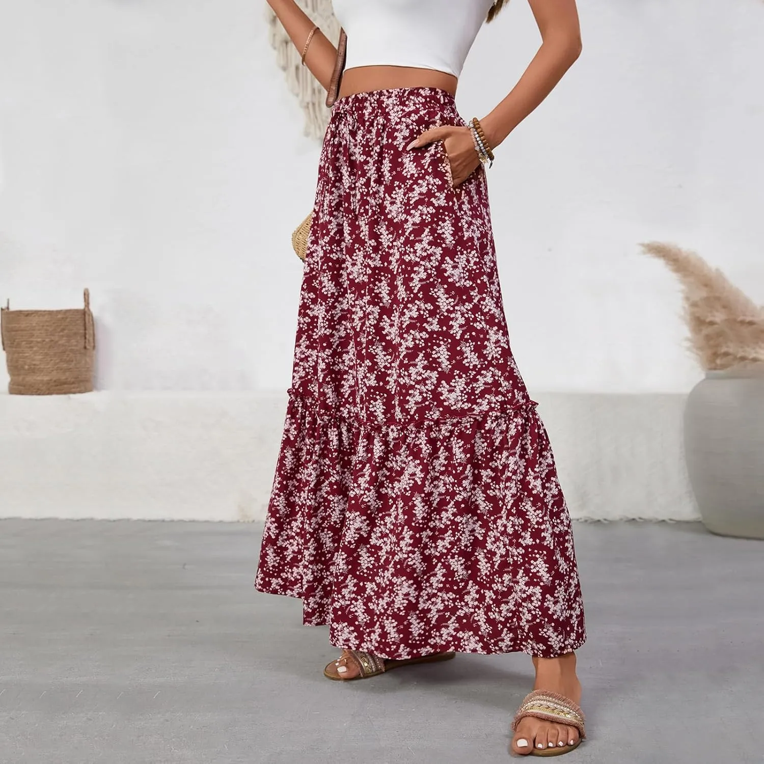 Women Boho Floral Maxi Skirts Casual Summer Flowy Elastic High Waisted A Line Beach Long Skirt with Side Pockets