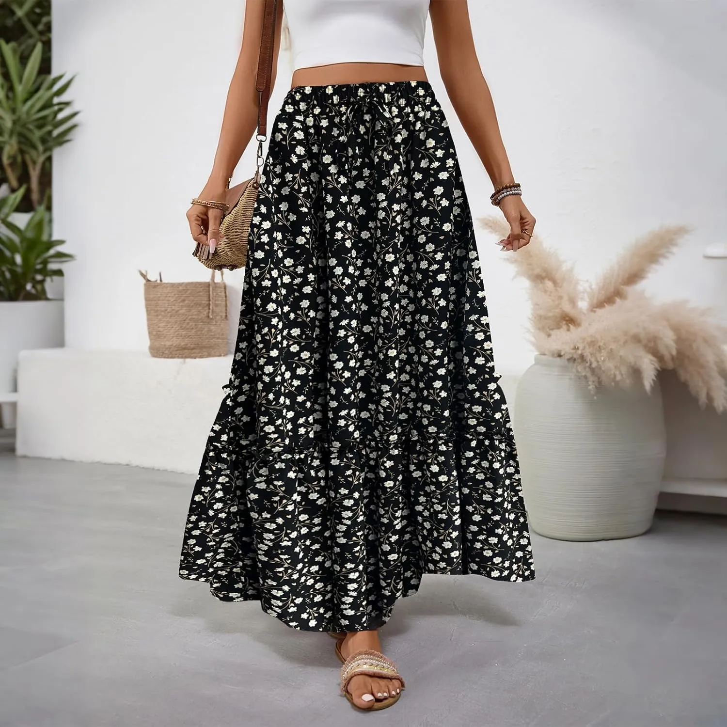 Women Boho Floral Maxi Skirts Casual Summer Flowy Elastic High Waisted A Line Beach Long Skirt with Side Pockets