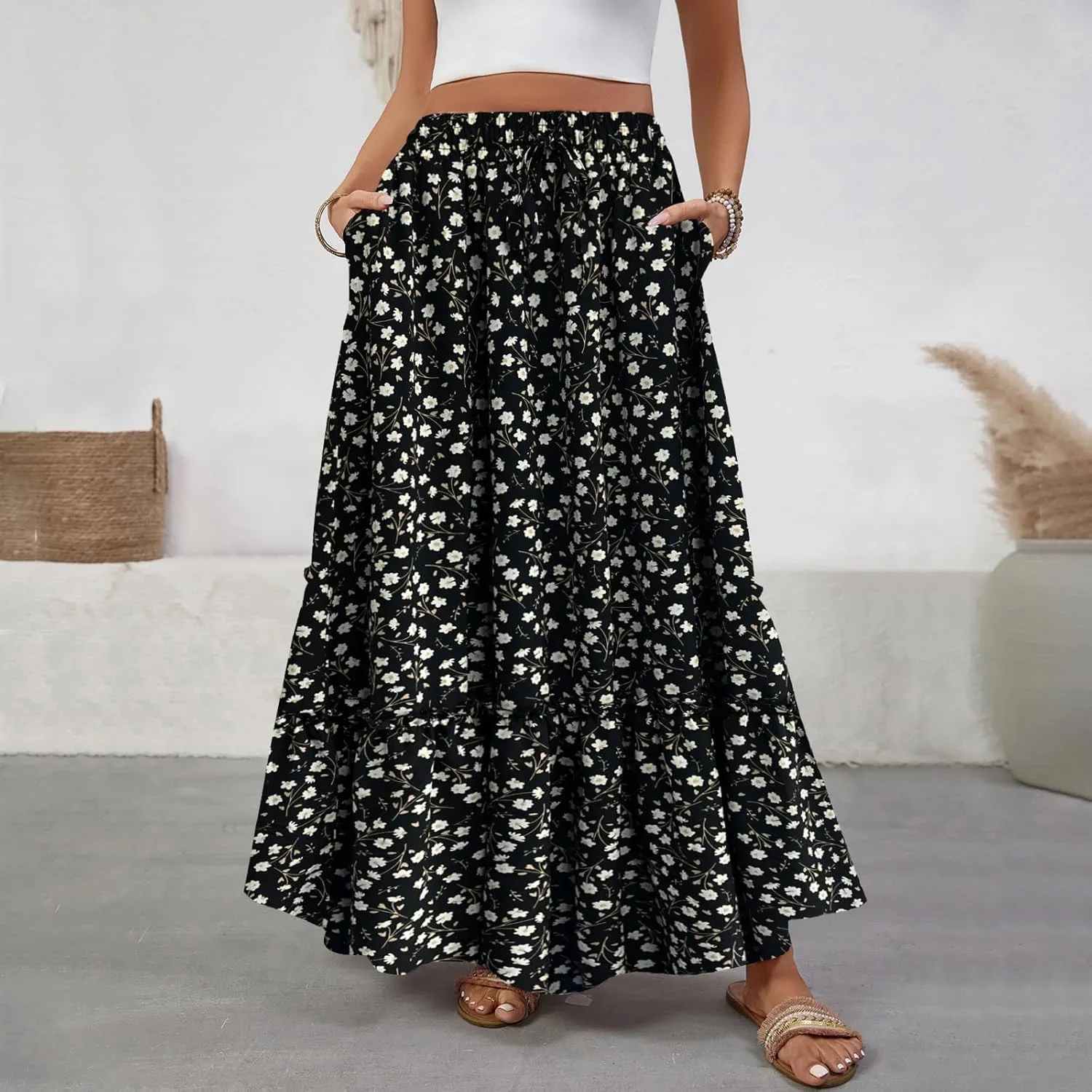 Women Boho Floral Maxi Skirts Casual Summer Flowy Elastic High Waisted A Line Beach Long Skirt with Side Pockets