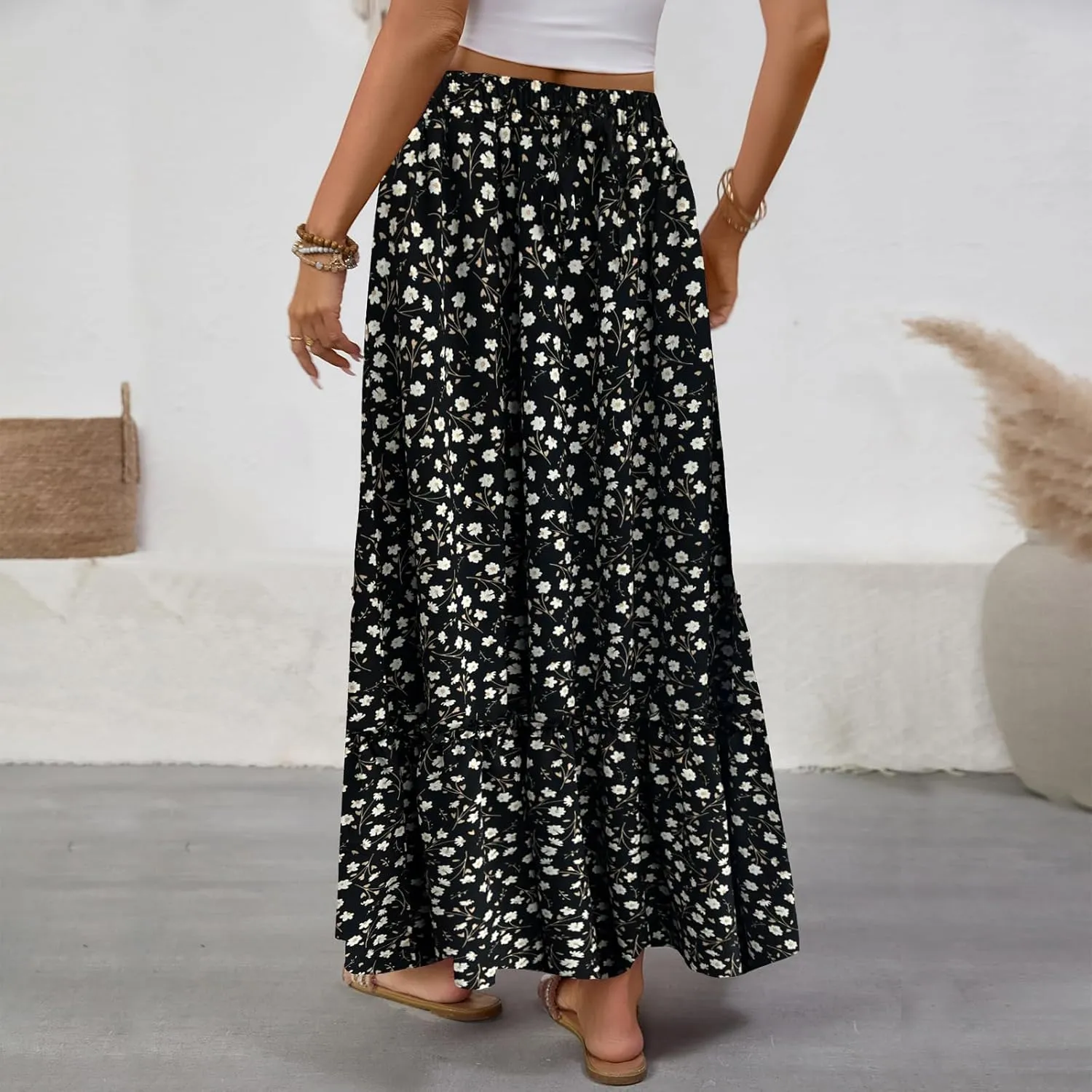 Women Boho Floral Maxi Skirts Casual Summer Flowy Elastic High Waisted A Line Beach Long Skirt with Side Pockets