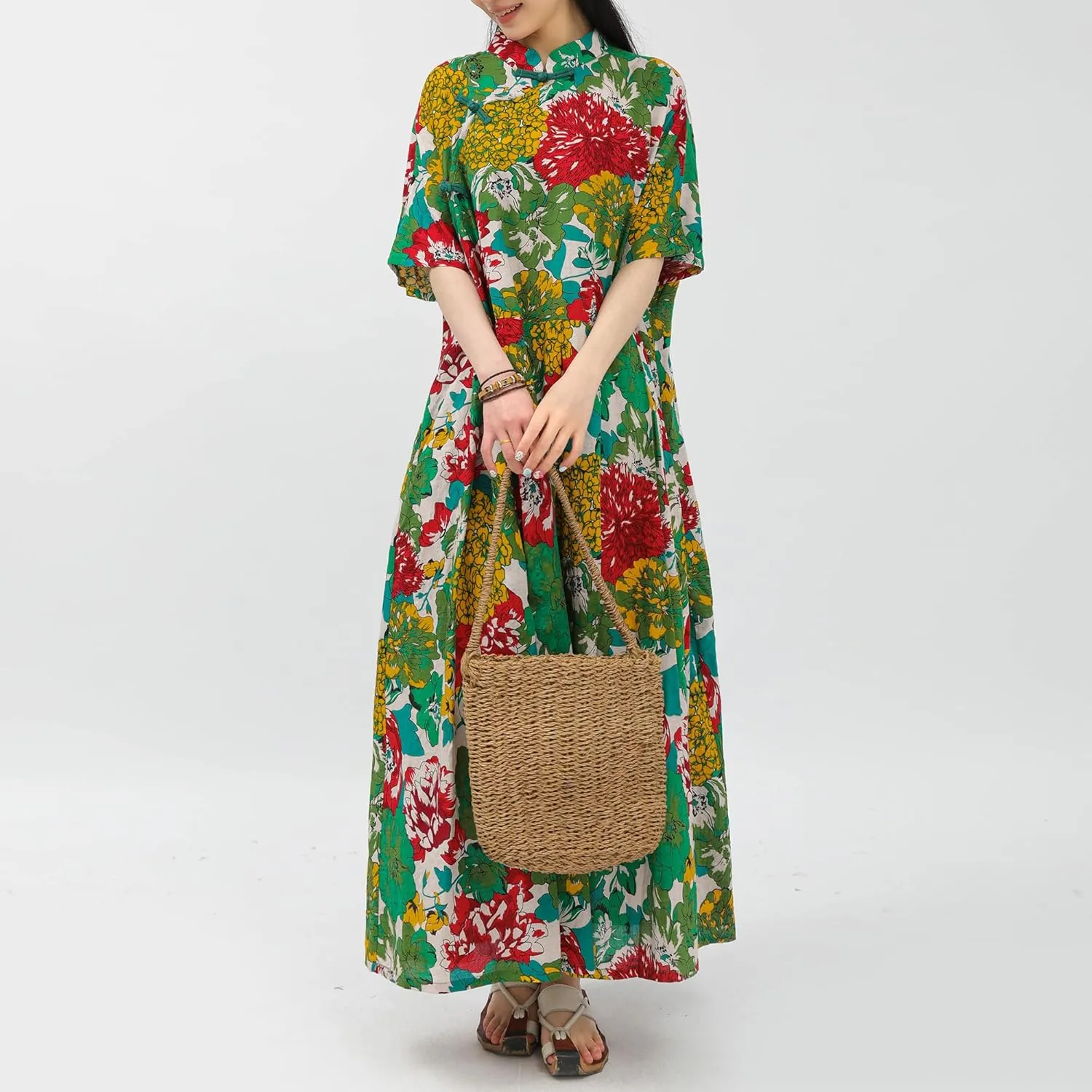 Women Boho Floral Print Cotton Long Maxi Skirt with Pockets and Adjustable Waistband Beach Casual Summer Dress