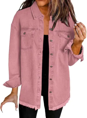Womens Oversized Button Up Frayed Hem Shacket Long Sleeve Pockets Denim Jean Jacket Trucker Coats