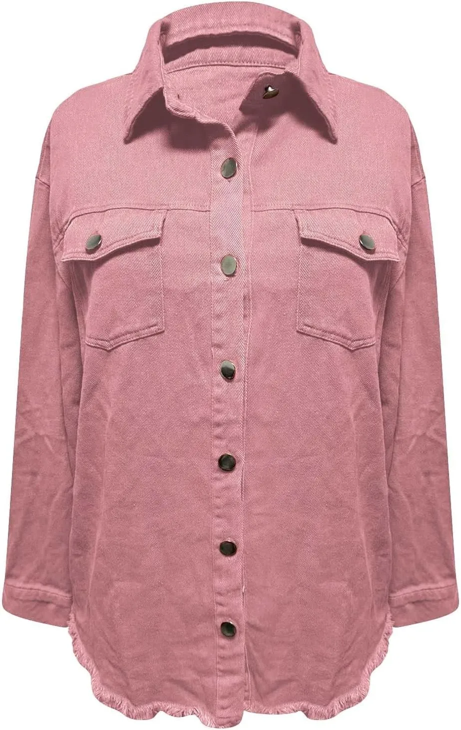 Womens Oversized Button Up Frayed Hem Shacket Long Sleeve Pockets Denim Jean Jacket Trucker Coats