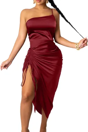 Women's Satin Dress Spaghetti Strap Drawstring Ruched Cocktail Evening Party Night Club Dresses