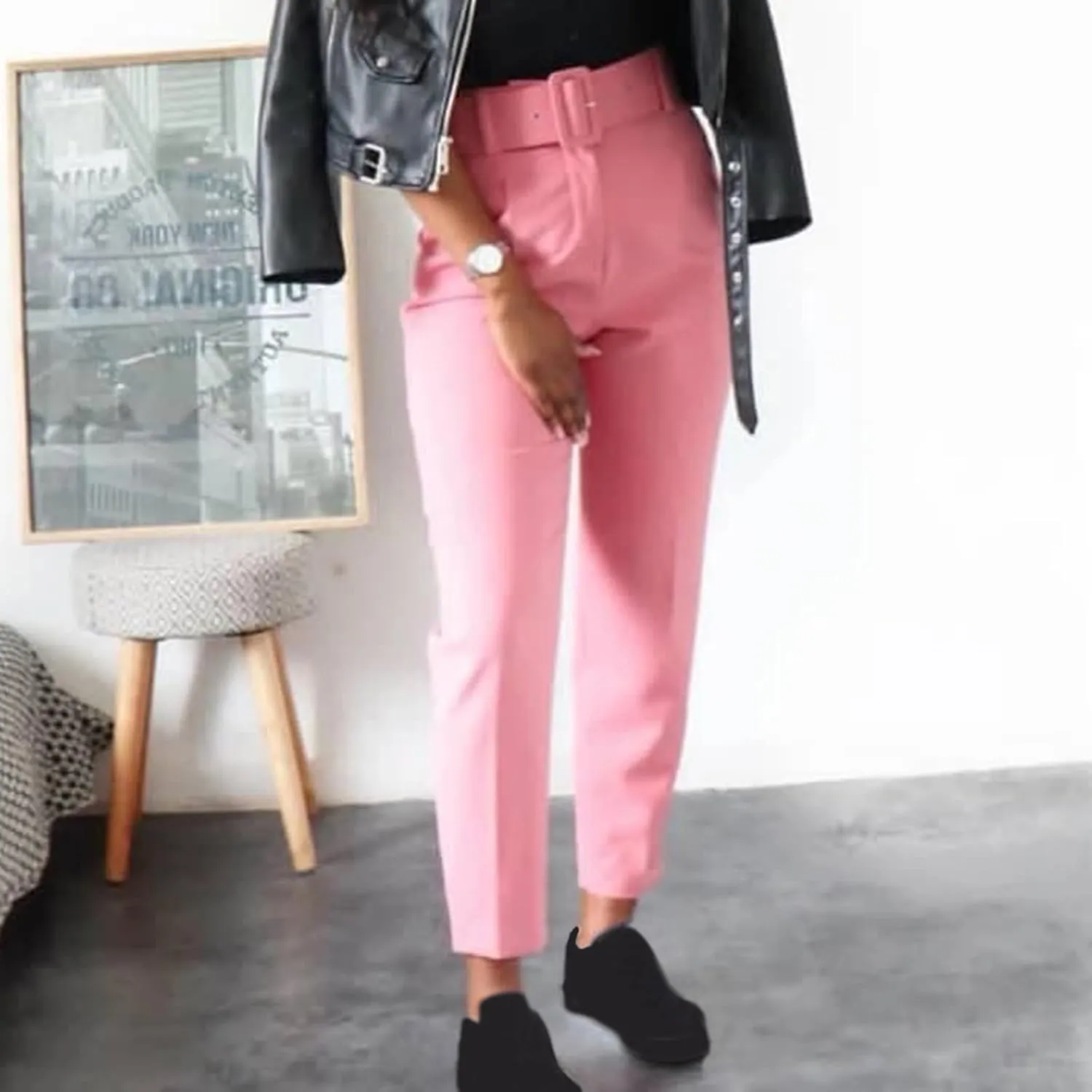 Womens Suit Pants Casual Stretch Loose Fit Straight Belted Waisted Business Suit Pants Fashion Work Office Trousers