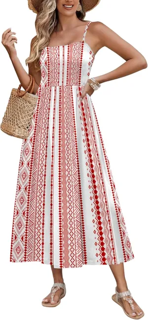 Zeagoo Women's Summer Casual Boho Sundress Spaghetti Strap Square Neck Flowy Midi Dresses A Line Beach Dress with Pockets