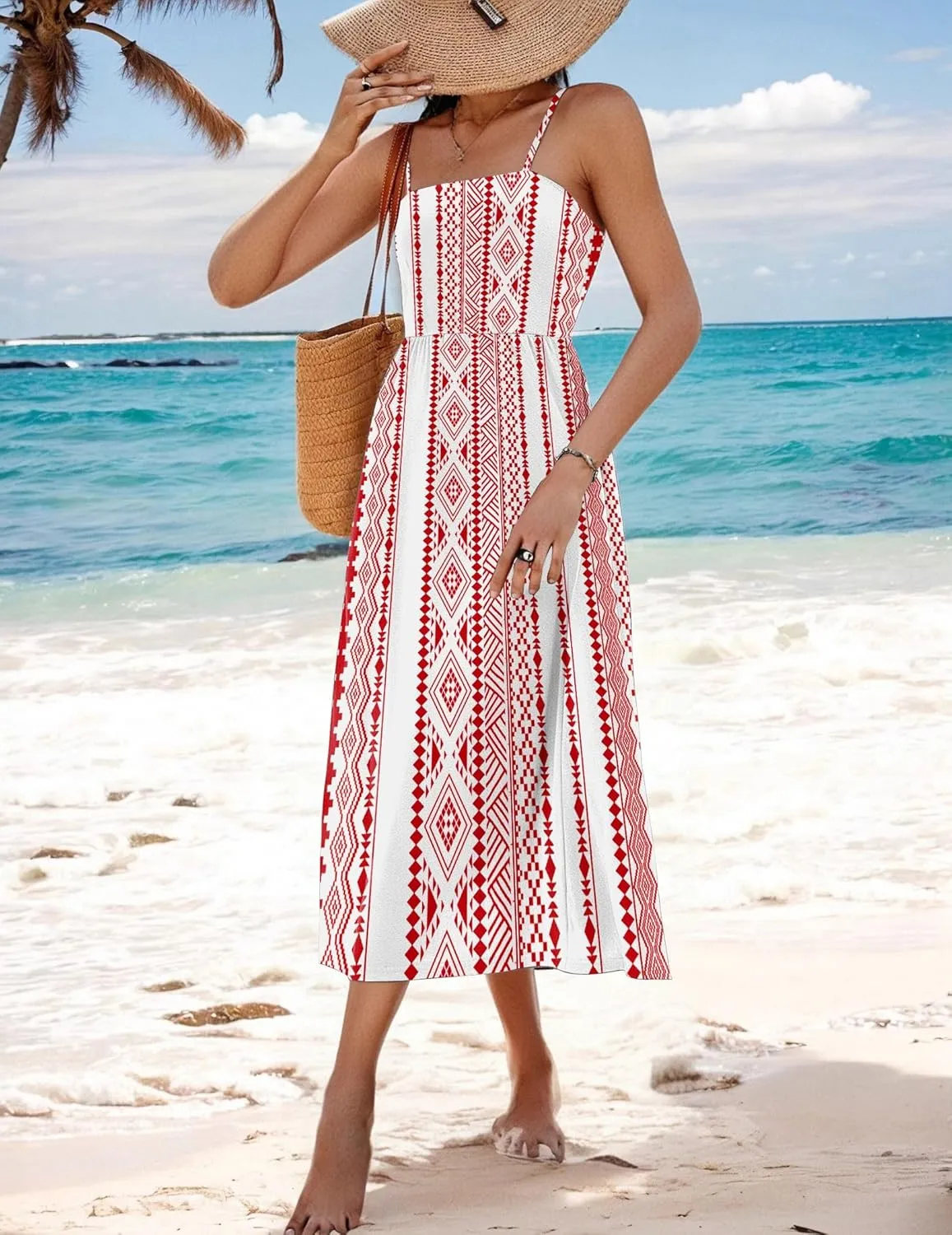Zeagoo Women's Summer Casual Boho Sundress Spaghetti Strap Square Neck Flowy Midi Dresses A Line Beach Dress with Pockets