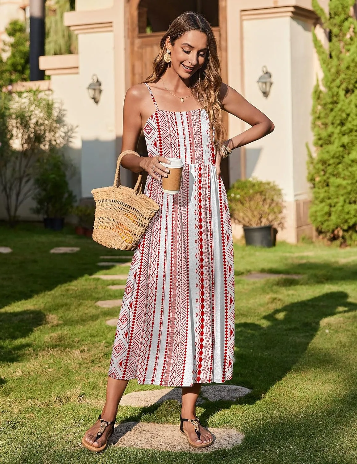 Zeagoo Women's Summer Casual Boho Sundress Spaghetti Strap Square Neck Flowy Midi Dresses A Line Beach Dress with Pockets