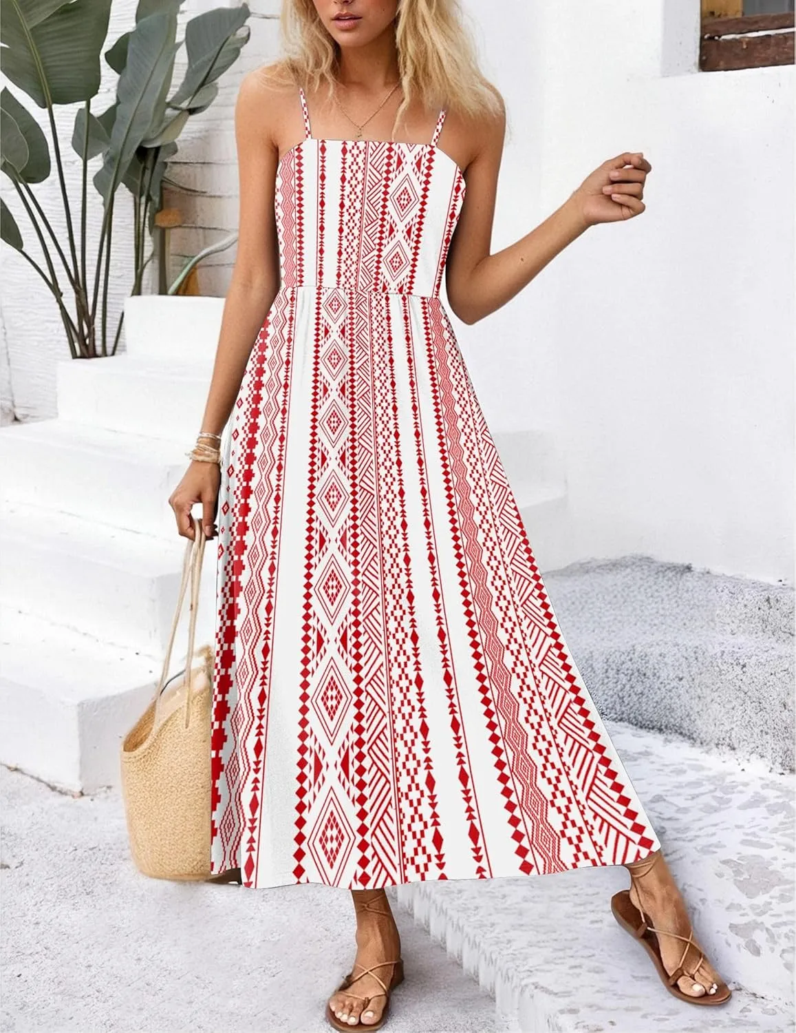 Zeagoo Women's Summer Casual Boho Sundress Spaghetti Strap Square Neck Flowy Midi Dresses A Line Beach Dress with Pockets